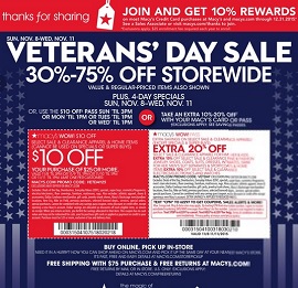 Macy&#39;s Veterans Day Sale 11/8 - 11/11/2015. 30%-75% Off Storewide